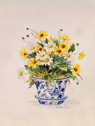 Framed Blue and White Porcelain Daisies Print