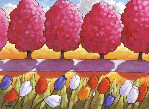 Framed Pink Trees Path &amp; Tulips Print