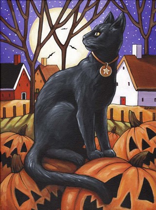 Framed Moon Cat &amp; Pumpkins Print