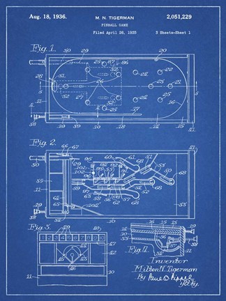 Framed Blueprint Pin Ball Machine Patent Print
