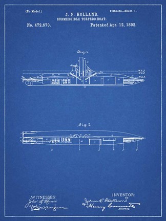 Framed Blueprint Holland Submarine Patent Print