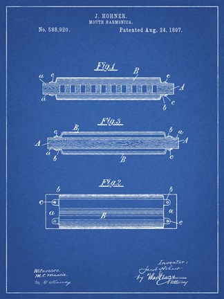 Framed Blueprint Hohner Harmonica Patent Print