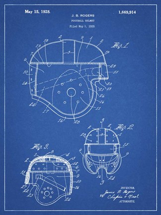 Framed Blueprint Football Helmet 1925 Patent Print