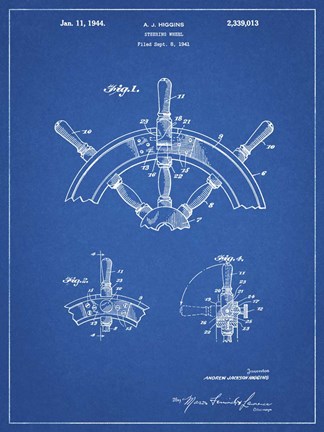 Framed Blueprint Ship Steering Wheel Patent Print