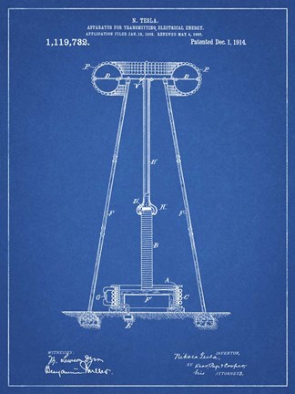 Framed Blueprint Tesla Energy Transmitter Patent Print