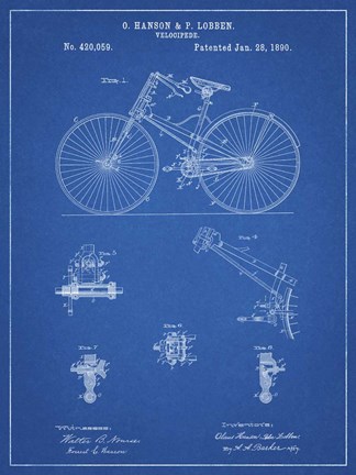 Framed Blueprint Bicycle 1890 Patent Print