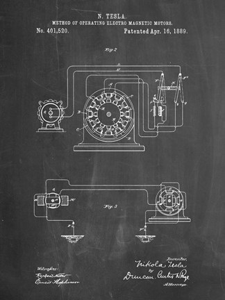 Framed Chalkboard Tesla Operating Electric Motors Map Patent Print