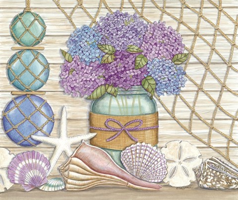Framed Hydrangea &amp; Seashells Print
