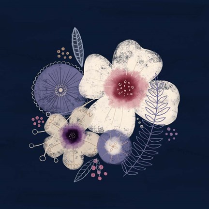 Framed Cream Florals on Navy II Print