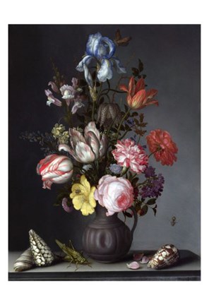 Framed Balthasar van der Ast, Flowers in a Vase with Shells and Insects Print