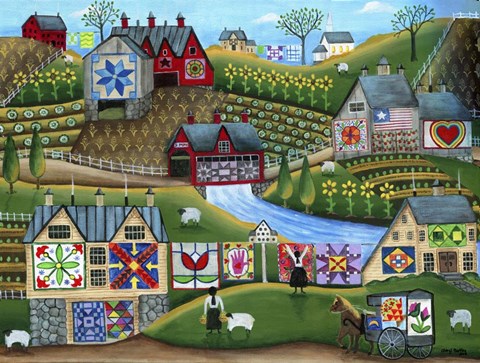 Framed Country Harvest Folk Art Quilt Farms Print