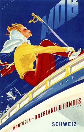 Framed 1940s Swiss Rail Ski Travel poster Print