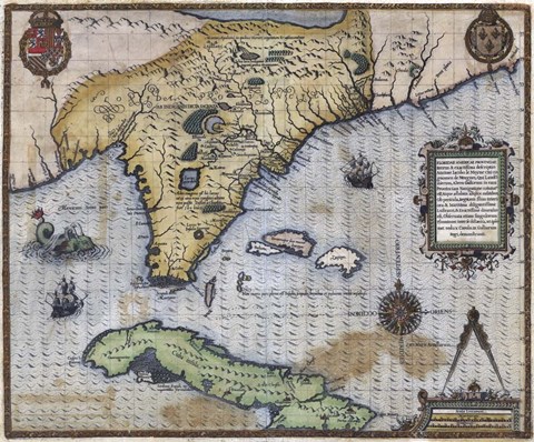 Framed French Map Of Florida - Floridae Americae Provinciae 1564 Print