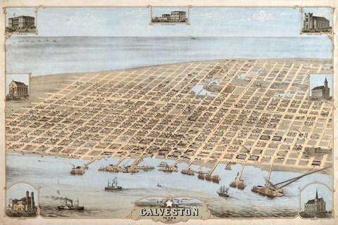 Framed Map Of Galveston Texas 1871 Print