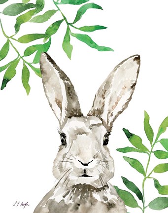 Framed Grey Bunny with Green Leaves Print