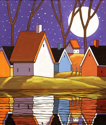 Framed Purple Sky and Stars Cottages Print