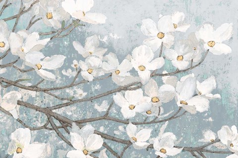 Framed Dogwood Blossoms II Blue Gray Crop Print