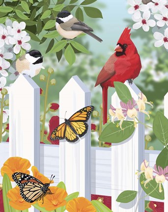 Framed Garden Birds On Fence Print