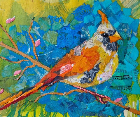 Framed Female Cardinal on Blue Print