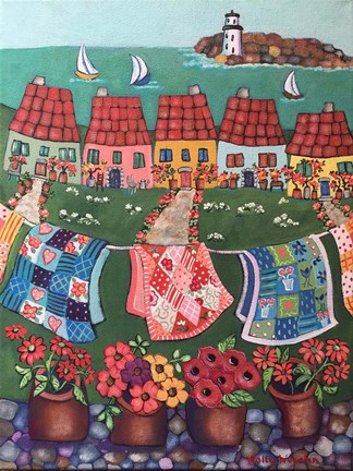 Framed Rosey Roofed Cottages and Quilts Print