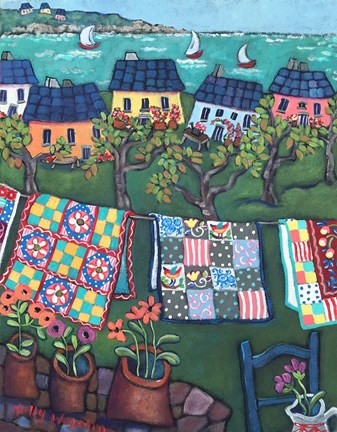 Framed Blue Roofed Cottages and Quilts Print