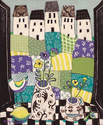 Framed Patchwork Landscape En Blue Print