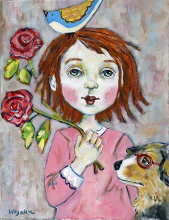 Framed Bird Headed Girl with Nearsighted Dog Print