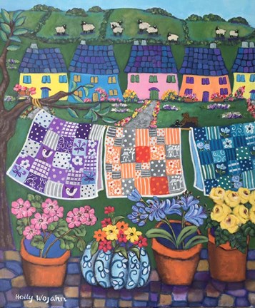 Framed Cottages Quilts and Sheep Print