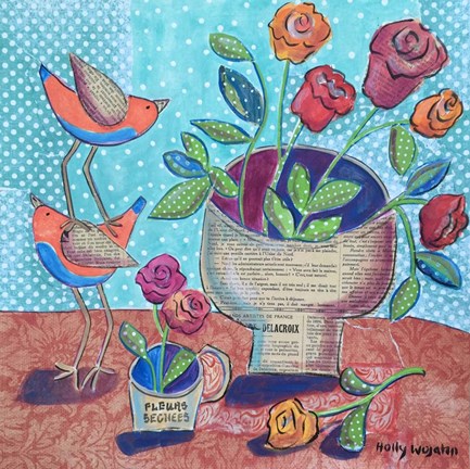 Framed Flowers and Stacked Birds Print