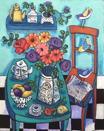 Framed Table with Flowers and Tea Pot Print
