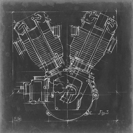 Framed Motorcycle Engine Blueprint III Print