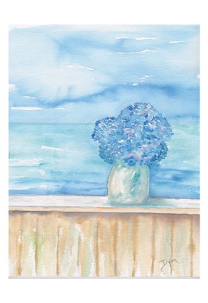Framed Coastal Hydrangea Ocean View Print