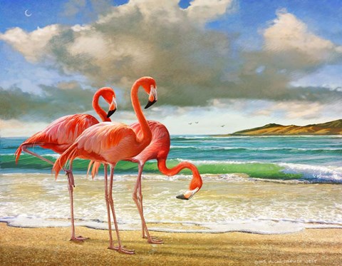 Framed Beach Scene Flamingos Print