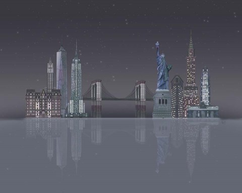 Framed New York Skyline Night Reflections Print