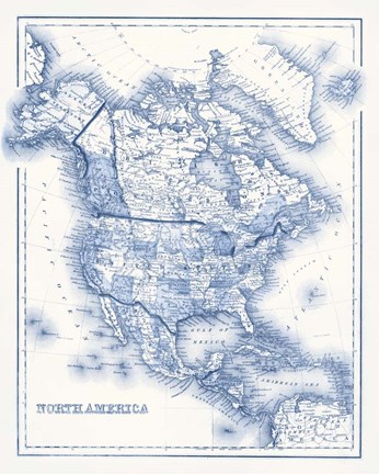 Framed North America in Shades of Blue Print