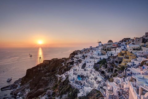 Framed Ship Sailing into the Sunset in Oia Greece Print