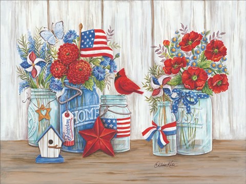 Framed Patriotic Glass Jars with Flowers Print