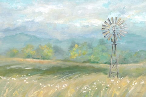 Framed Country Meadow Windmill Landscape Print