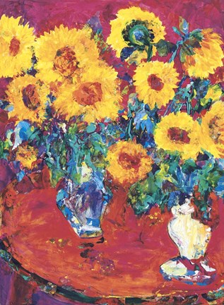 Framed Red Table with Sunflowers Print