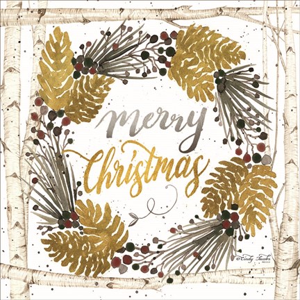 Framed Merry Christmas Birch Wreath with Berries Print