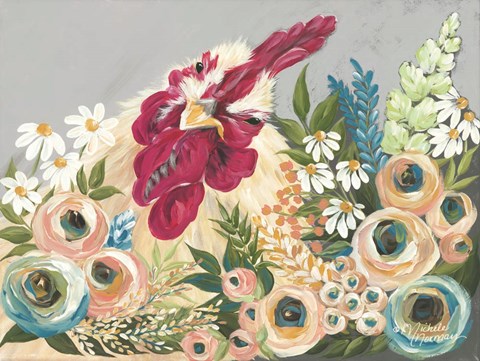 Framed Hen in the Flower Garden Print