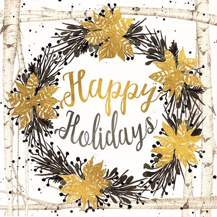 Framed Happy Holidays Birch Wreath Print