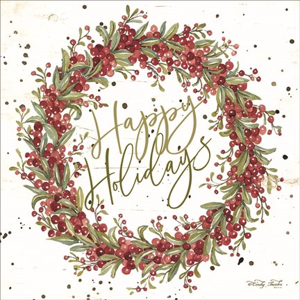 Framed Happy Holidays Berry Wreath Print