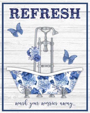 Framed Blue Floral Bath Art B Print