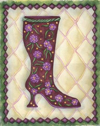 Framed Boots Magenta With Roses With Leaves Print