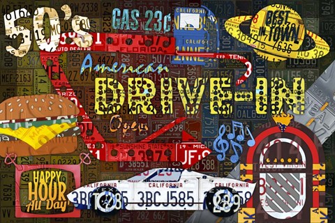 Framed American Driveins License Plate Art Collage Print