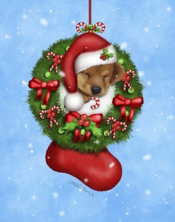 Framed Christmas Stocking Puppy Print