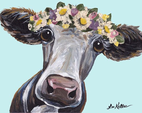 Framed Cow Cora Flower Crown Blue Print
