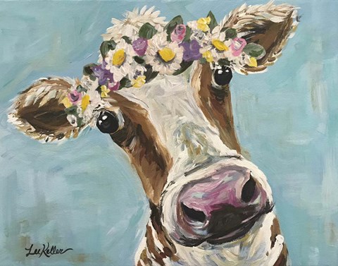Framed Cow Miss Moo Moo Turquoise Flower Crown Print