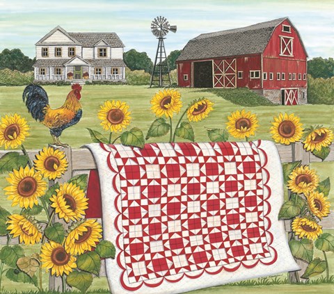 Framed Red &amp; White Farm Quilt Print